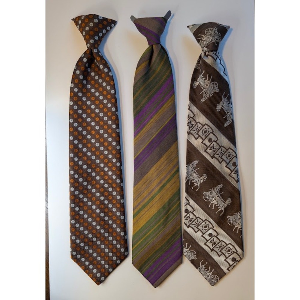 70s Wide Clip On Ties Bundle Men Brown Orange Olive Polyester Lot of 3 Neckties